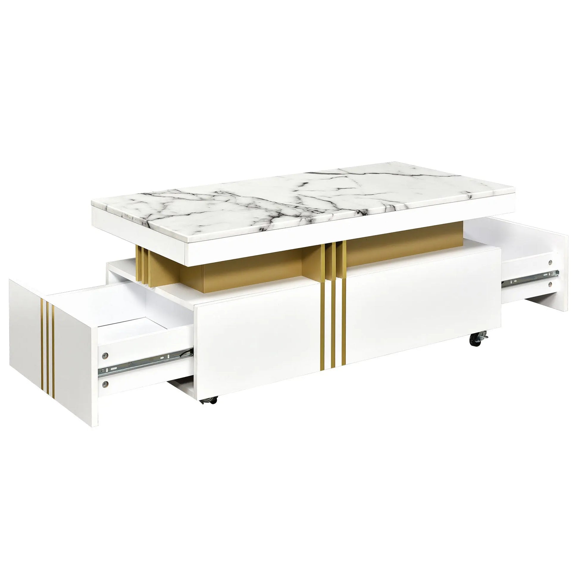 [VIDEO provided] Contemporary Coffee Table with Faux Marble Top, Rectangle Cocktail Table with Caster Wheels, Moderate Luxury Center Table with Gold Metal Bars for Living Room, White qbmgp8-fy
