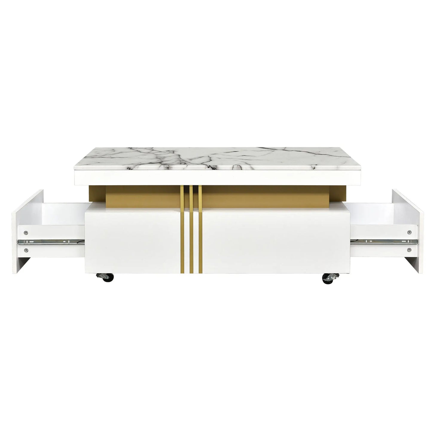 [VIDEO provided] Contemporary Coffee Table with Faux Marble Top, Rectangle Cocktail Table with Caster Wheels, Moderate Luxury Center Table with Gold Metal Bars for Living Room, White qbmgp8-fy