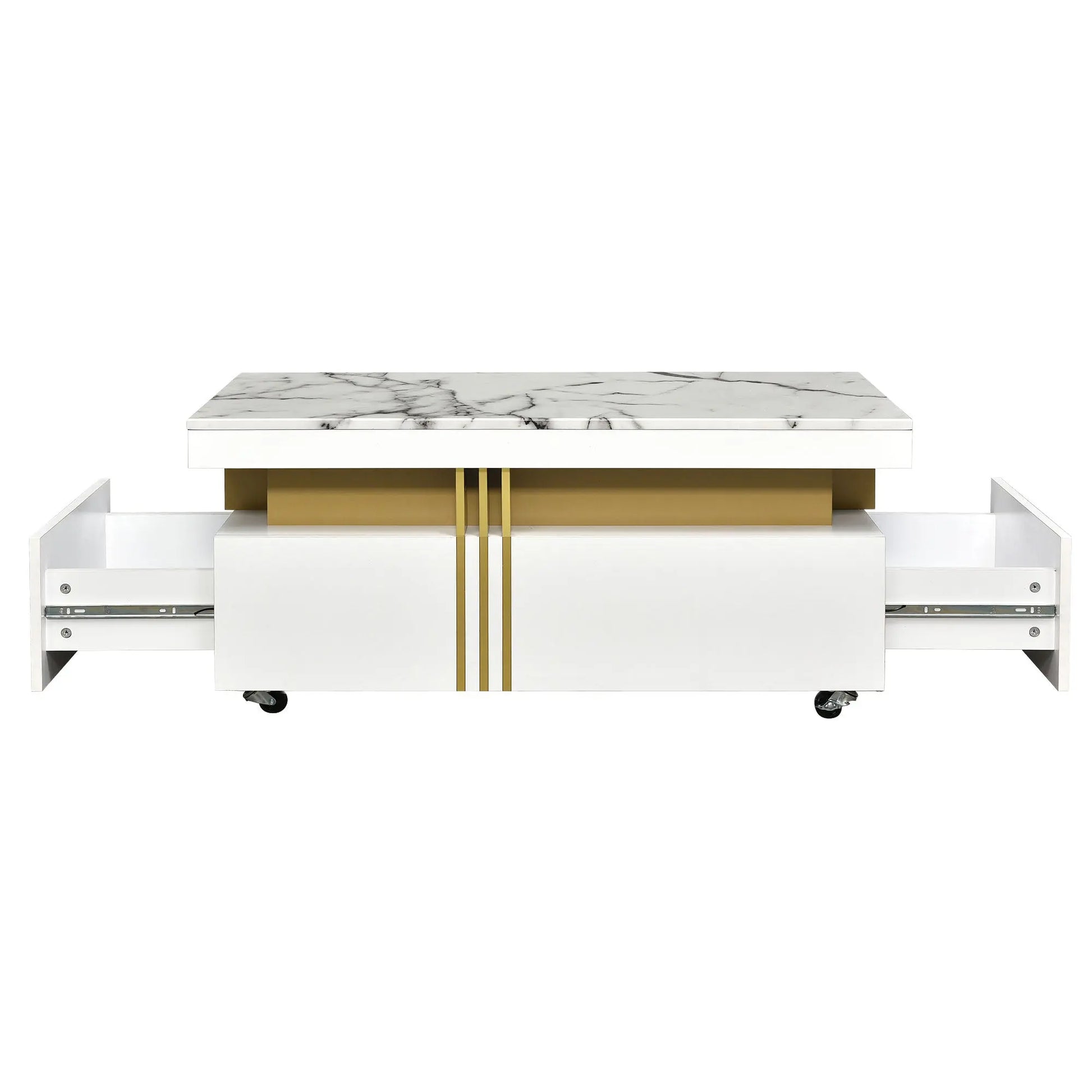[VIDEO provided] Contemporary Coffee Table with Faux Marble Top, Rectangle Cocktail Table with Caster Wheels, Moderate Luxury Center Table with Gold Metal Bars for Living Room, White qbmgp8-fy
