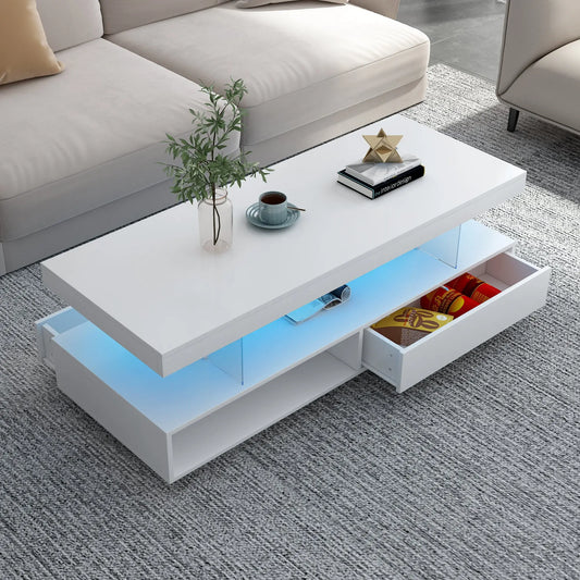 LED Coffee Table with Storage, Modern Center Table with 2 Drawers and Display Shelves, Accent Furniture with LED Lights for Living Room,White qbmgp8-fy