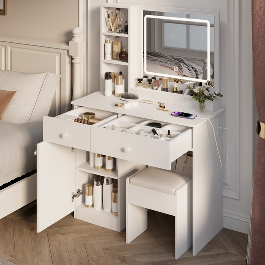 Fashion Vanity Desk with Mirror and Lights for Makeup, Vanity Mirror with Lights and Table Set with 3 Color Lighting Brightness Adjustable, 2 big Drawers, White Color qbmgp8-fy
