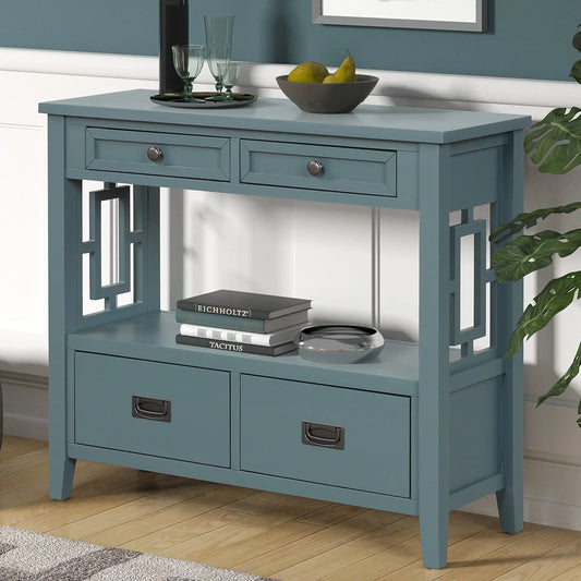 36'' Farmhouse Pine Wood Console Table Entry Sofa Table with 4 Drawers & 1 Storage Shelf for Entryway Living Room Bedroom Hallway Kitchen ( Blue) qbmgp8-fy