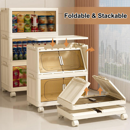 19.69" Side Wide Folding Storage Cabinet ,3 Tiers,19.69"×11.81"×31.1",Collapsible Storage Bins with Magnetic Door, Plastic Storage Cabinet with Wheels, Closet organizers and Storage Containers