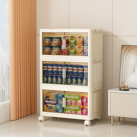 19.69" Side Wide Folding Storage Cabinet ,3 Tiers,19.69"×11.81"×31.1",Collapsible Storage Bins with Magnetic Door, Plastic Storage Cabinet with Wheels, Closet organizers and Storage Containers