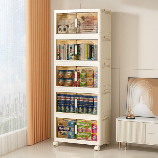 19.69" Side Wide Folding Storage Cabinet ,5 Tiers,19.69"×11.81"×50.00",Collapsible Storage Bins with Magnetic Door, Plastic Storage Cabinet with Wheels, Closet organizers and Storage Containers