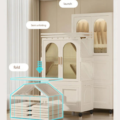 25.59" Side Wide Folding Wardrobe , 25.59"×15.75"×57.09", with Magnetic Door, Plastic Storage Cabinet with Wheels( one layer of wardrobe + two layers of folding boxes+10 hangers ) qbmgp8-fy