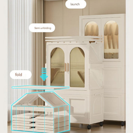 25.59" Side Wide Folding Wardrobe , 25.59"×15.75"×57.09", with Magnetic Door, Plastic Storage Cabinet with Wheels( one layer of wardrobe + two layers of folding boxes+10 hangers )