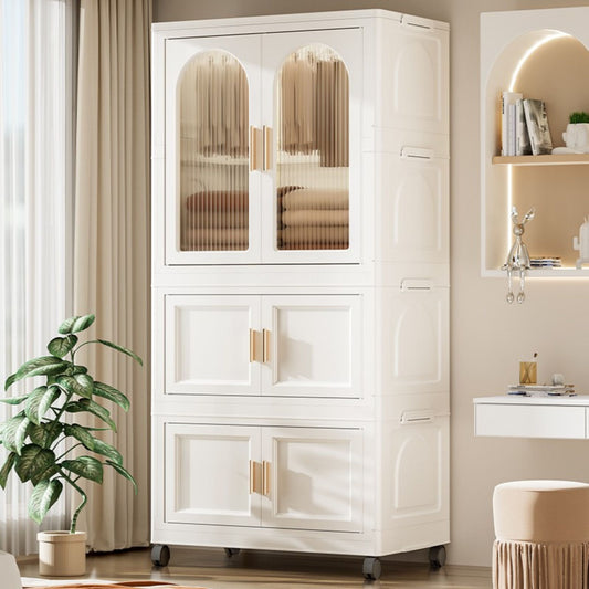 25.59" Side Wide Folding Wardrobe , 25.59"×15.75"×57.09", with Magnetic Door, Plastic Storage Cabinet with Wheels( one layer of wardrobe + two layers of folding boxes+10 hangers )