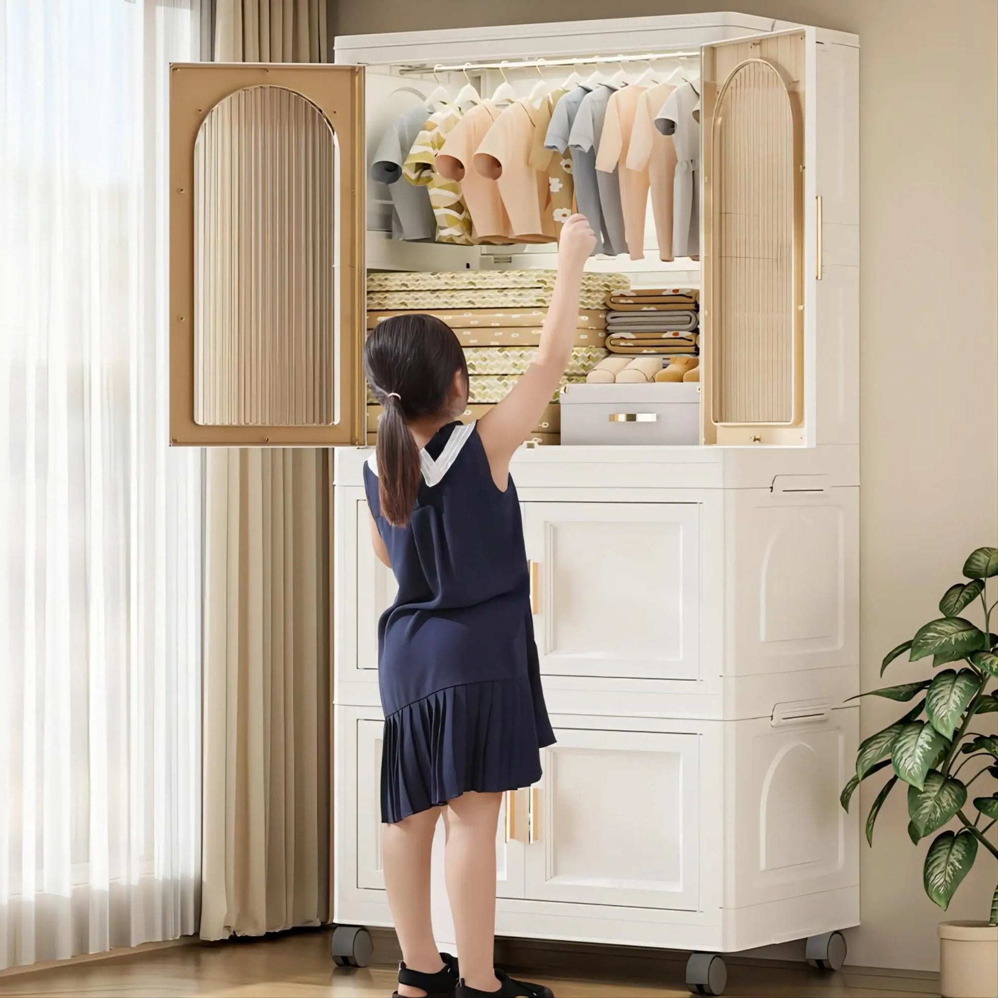 25.59" Side Wide Folding Wardrobe , 25.59"×15.75"×57.09", with Magnetic Door, Plastic Storage Cabinet with Wheels( one layer of wardrobe + two layers of folding boxes+10 hangers ) qbmgp8-fy