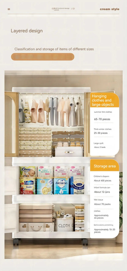 25.59" Side Wide Folding Wardrobe , 25.59"×15.75"×57.09", with Magnetic Door, Plastic Storage Cabinet with Wheels( one layer of wardrobe + two layers of folding boxes+10 hangers ) qbmgp8-fy