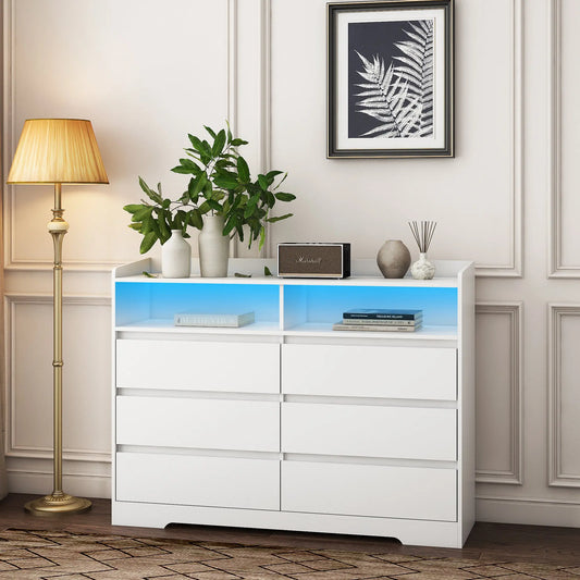6 Drawer Dresser, White Dresser for Bedroom with LED Lights, Modern Dressers & Chests of Drawers with Sturdy Frame for Living Room, Entryway, Hallway qbmgp8-fy