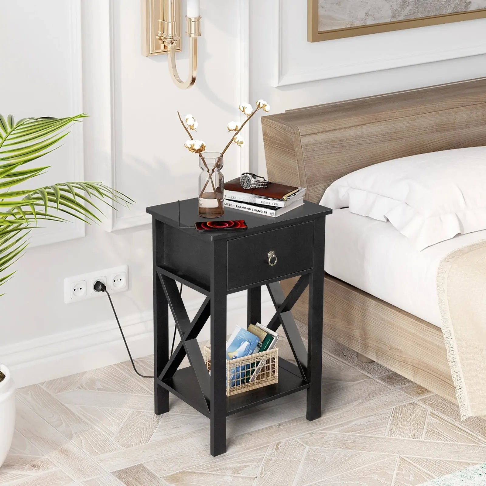 2PCS Side Intersection Style Bedside Table Coffee Table with Two-layer Drawer Black qbmgp8-fy