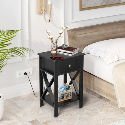 2PCS Side Intersection Style Bedside Table Coffee Table with Two-layer Drawer Black qbmgp8-fy