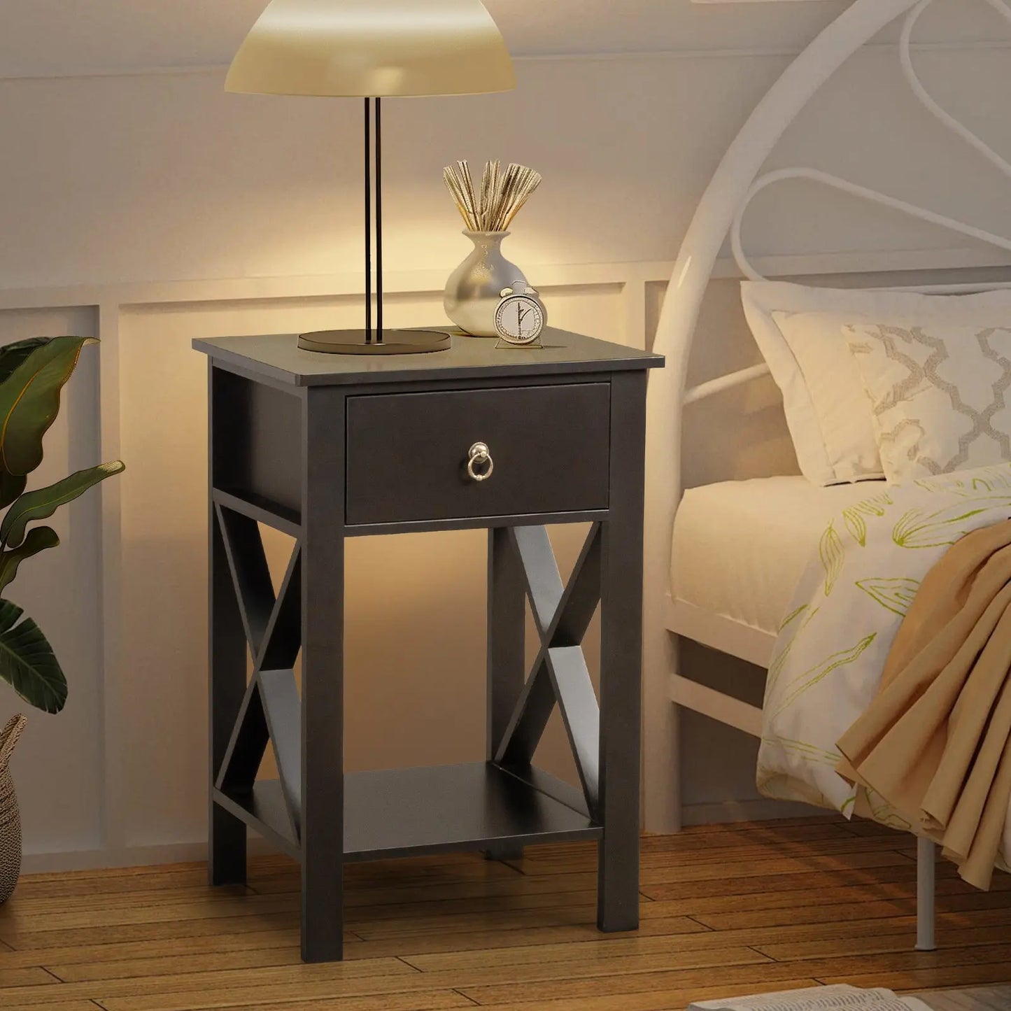 2PCS Side Intersection Style Bedside Table Coffee Table with Two-layer Drawer Black qbmgp8-fy