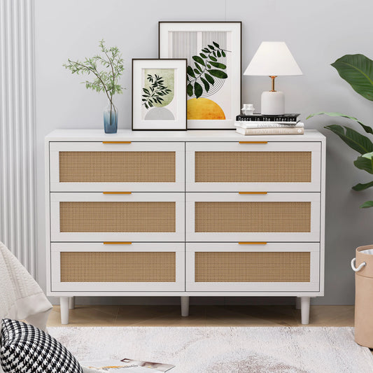 43.31"6-Drawers Rattan Storage Cabinet Rattan Drawer,for Bedroom,Living Room,White qbmgp8-fy