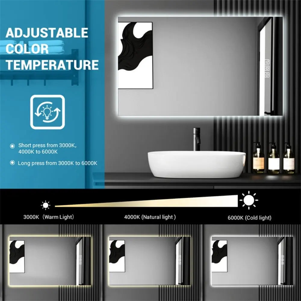 32" x 24" LED Bathroom Mirror Bright Backlight, 5 Mins Defog, Full HD Reflected Wall Mounted ,3 Colors Stepless Dimmable ,Memory Function, Anti-Fog[Unable to ship on weekends, please note that] qbmgp8-fy
