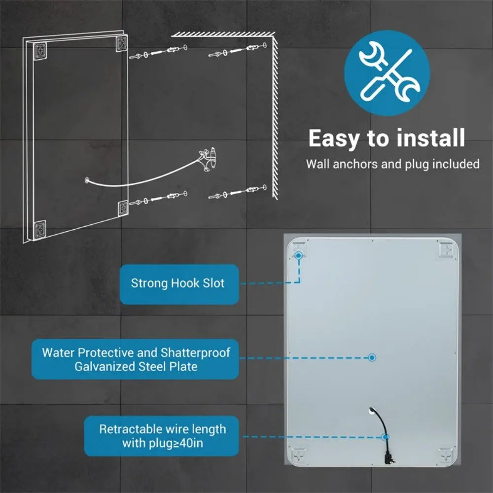 32" x 24" LED Bathroom Mirror Bright Backlight, 5 Mins Defog, Full HD Reflected Wall Mounted ,3 Colors Stepless Dimmable ,Memory Function, Anti-Fog[Unable to ship on weekends, please note that] qbmgp8-fy