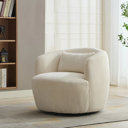 34.25 "Wide Upholstered Corduroy Metal Base 360° Swivel Barrel Soft Chair with Pillow, for Club, Living Room, Bedroom, Office as well as Reading Armchair, Ivory. qbmgp8-fy