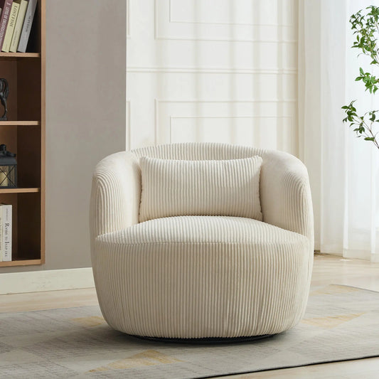 34.25 "Wide Upholstered Corduroy Metal Base 360° Swivel Barrel Soft Chair with Pillow, for Club, Living Room, Bedroom, Office as well as Reading Armchair, Ivory. qbmgp8-fy
