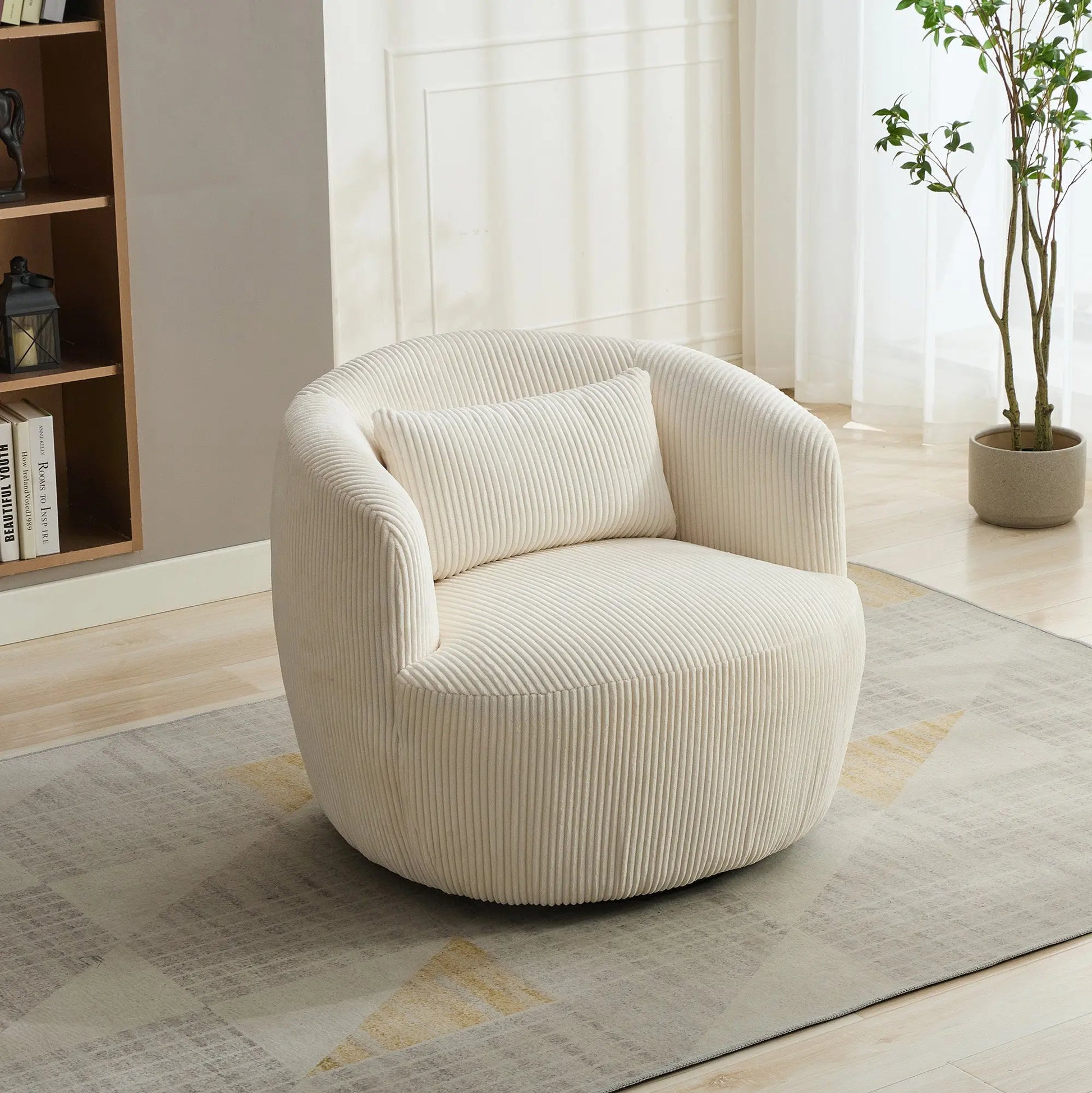 34.25 "Wide Upholstered Corduroy Metal Base 360° Swivel Barrel Soft Chair with Pillow, for Club, Living Room, Bedroom, Office as well as Reading Armchair, Ivory. qbmgp8-fy