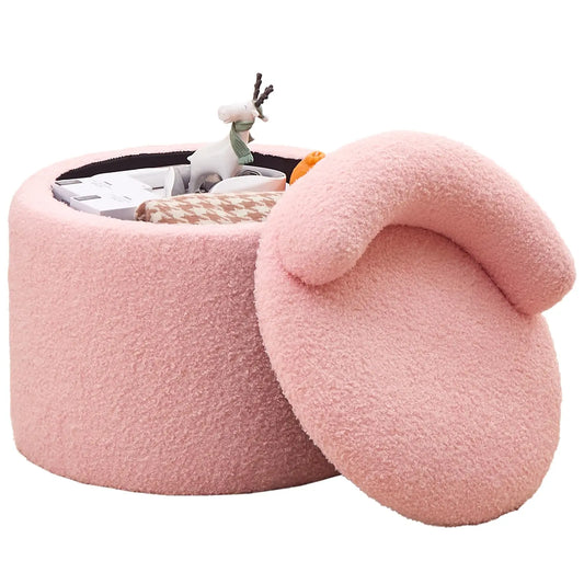 Modern Storage Ottoman – Round Teddy Velvet Upholstered Stool with Low Back, Plush Footrest for Bedroom, Living Room, and Lounge（Pink) qbmgp8-fy