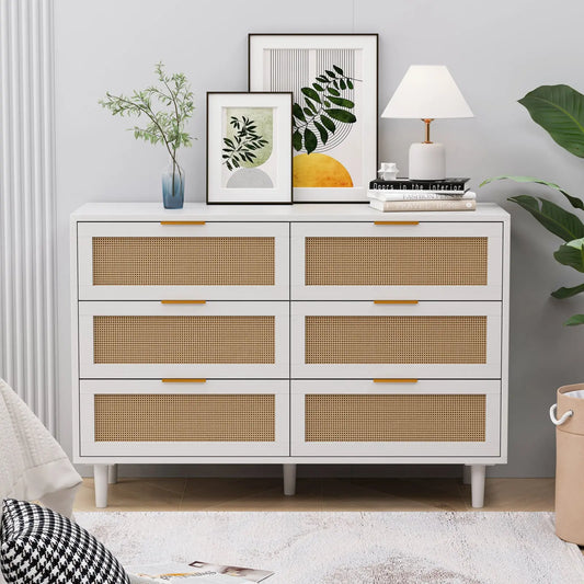 43.31"6-Drawers Rattan Storage Cabinet Rattan Drawer,for Bedroom,Living Room,White qbmgp8-fy