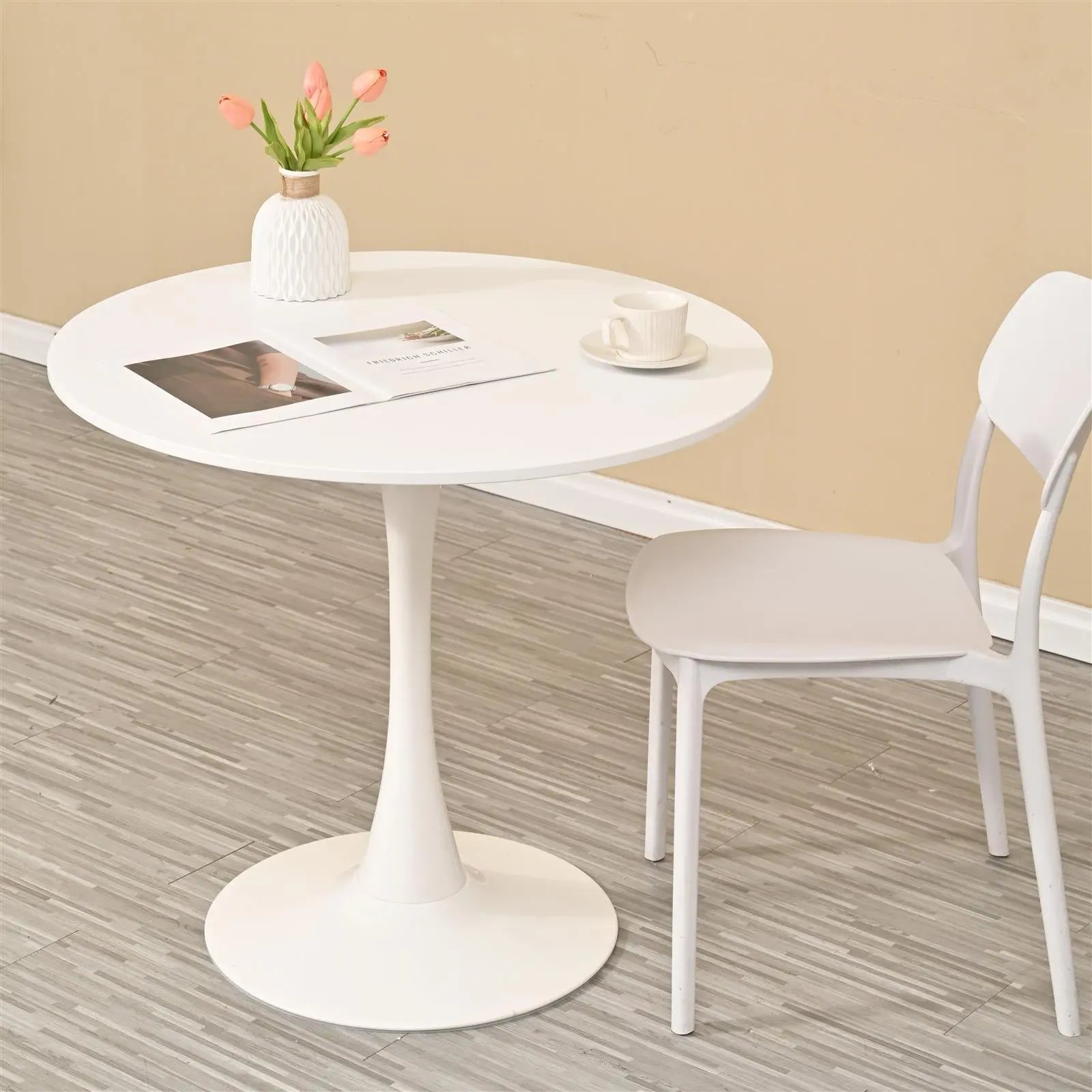 31.5" Round Dining Table, Mid-Century White Tulip Table, Metal Base Pedestal Table for 2-4 Person,Easy Assembled Leisure Coffee Table qbmgp8-fy