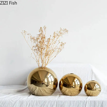 Plating Golden Ball Ceramic Vase Home Decoration Ornaments Crafts  Flower Pot Art Hydroponic Vases Home Decoration Ornament Gift LAVIVA