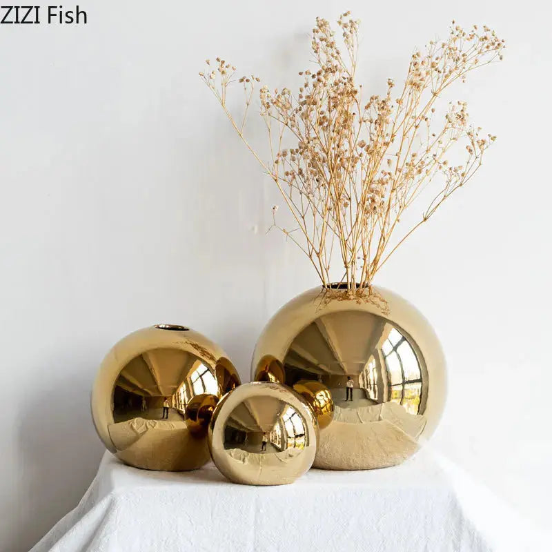 Plating Golden Ball Ceramic Vase Home Decoration Ornaments Crafts  Flower Pot Art Hydroponic Vases Home Decoration Ornament Gift LAVIVA