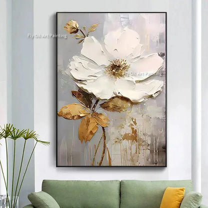 Special Abstract White Flower Knife Thick Oil Painting On Canvas Handmade Gold Foil Luxury Flower Floral Wall Art Room Decor LAVIVA