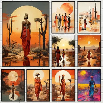 African Women with Sun Canvas Painting Wall Art Poster Prints Elegant Female Picture for Living Room Bedroom Cafe Decoration LAVIVA