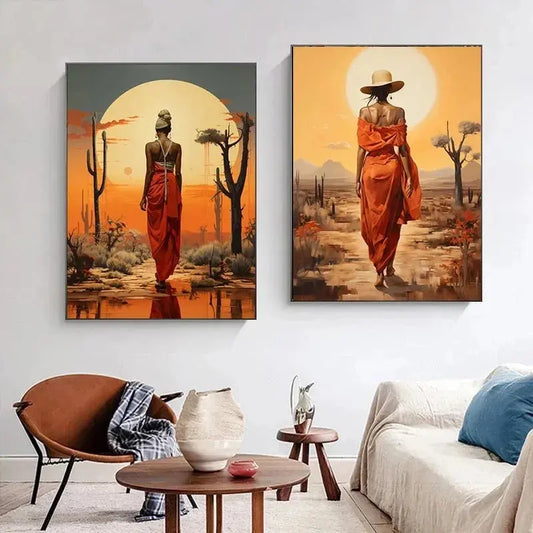 African Women with Sun Canvas Painting Wall Art Poster Prints Elegant Female Picture for Living Room Bedroom Cafe Decoration LAVIVA