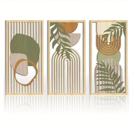 3PCS Sage Green Abstract Wooden Wall Art, Geometric Wood Wall Sculptures, Modern Artwork Neutral Wall Decor LAVIVA