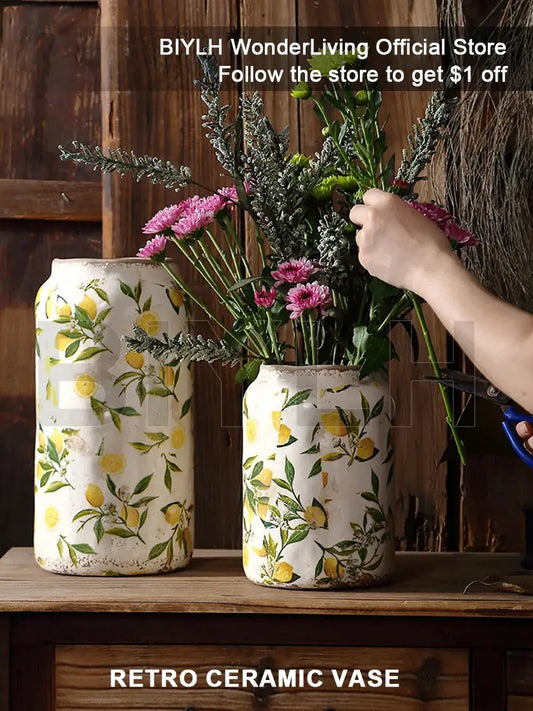 Retro Ceramic Large Vase Lemon Texture Ice Cracked Old Decorative Vase Hydroponic Flower Arrangement Supplies for Home Garden LAVIVA