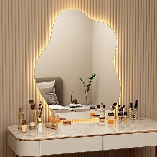 Nordic Irregular LED Mirror Bathroom Wall Living Room Small Light Aesthetic Funky Mirror Bedroom Minimalist Lustro Home Decor