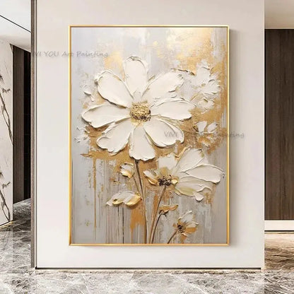 Special Abstract White Flower Knife Thick Oil Painting On Canvas Handmade Gold Foil Luxury Flower Floral Wall Art Room Decor LAVIVA