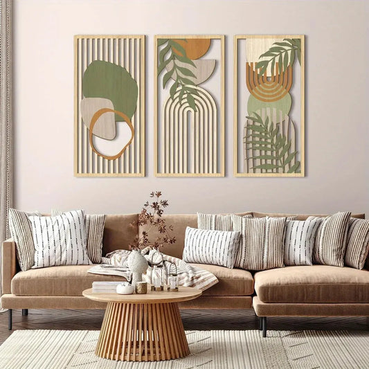 3PCS Sage Green Abstract Wooden Wall Art, Geometric Wood Wall Sculptures, Modern Artwork Neutral Wall Decor LAVIVA