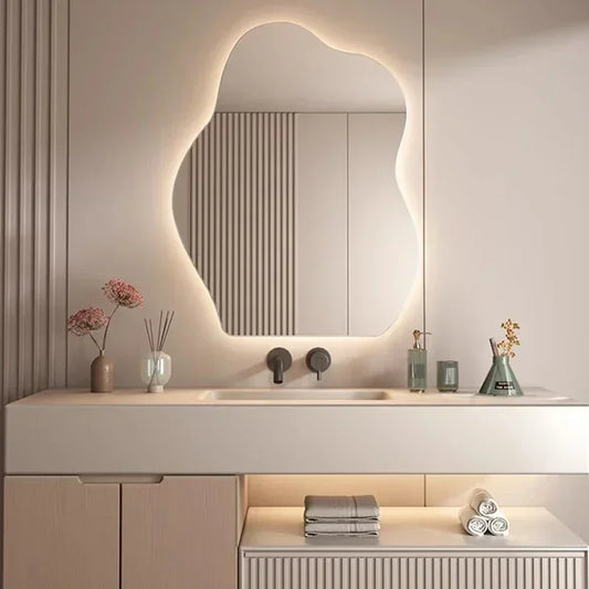 Nordic Irregular LED Mirror Bathroom Wall Living Room Small Light Aesthetic Funky Mirror Bedroom Minimalist Lustro Home Decor
