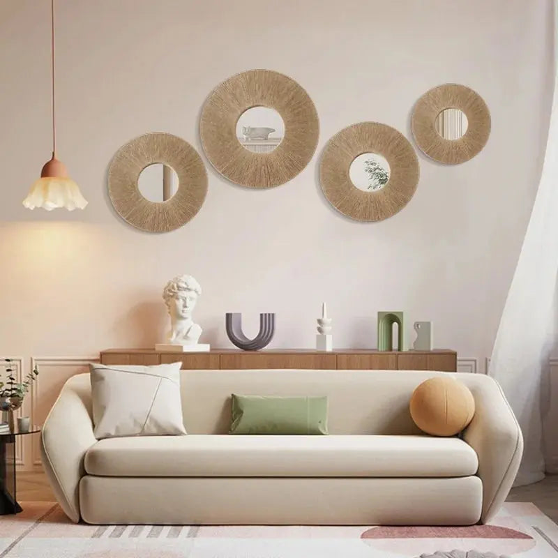 Round Decorative Wall Mirrors Farmhouse Circle Mirror with Hemp Rope Boho Mirrors for Bedroom, Bathroom, Living Room Decor Gift LAVIVA