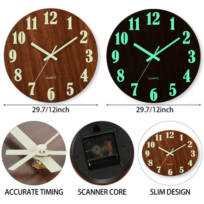 12 Inch Luminous Wall Clock Wood Silent light in dark night Nordic Fashion Wall Clock Non Ticking Clock With Night Light LAVIVA