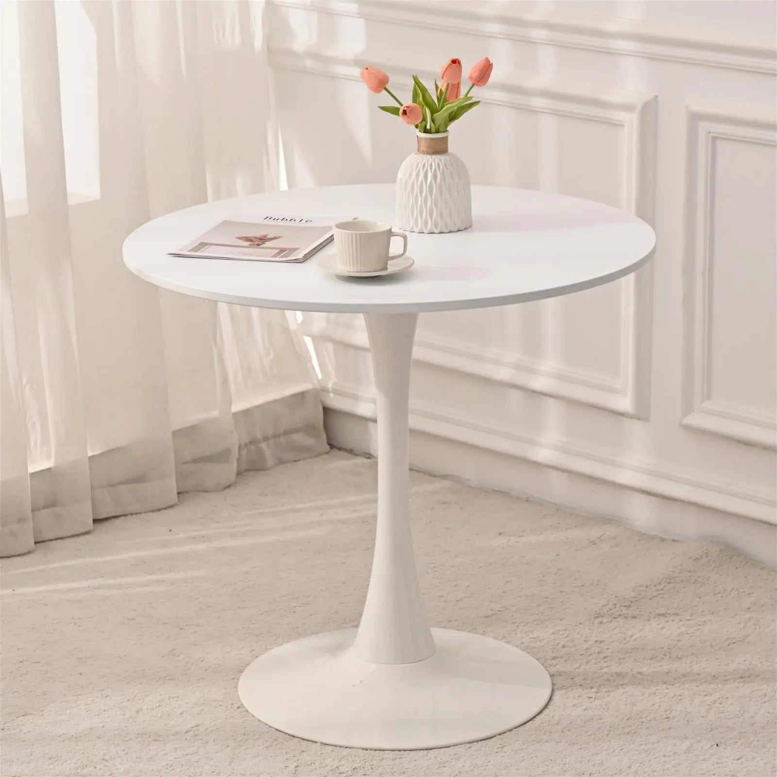 31.5" Round Dining Table, Mid-Century White Tulip Table, Metal Base Pedestal Table for 2-4 Person,Easy Assembled Leisure Coffee Table qbmgp8-fy
