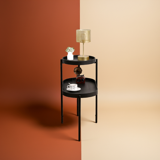2-Tier Black Side Table with Storage Sofa Table for Living Room Metal Frame & Wooden Desk End Table